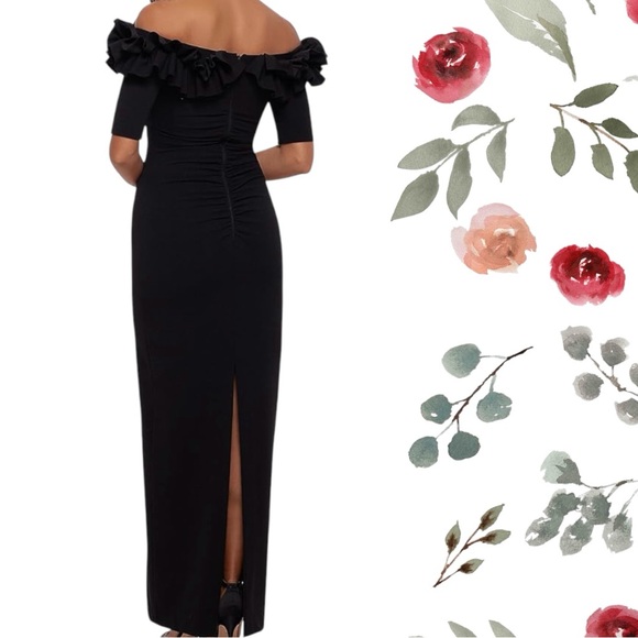 Xscape dress 16W black off shoulder elbow sleeve back zip built in bra back slit - Picture 2 of 16